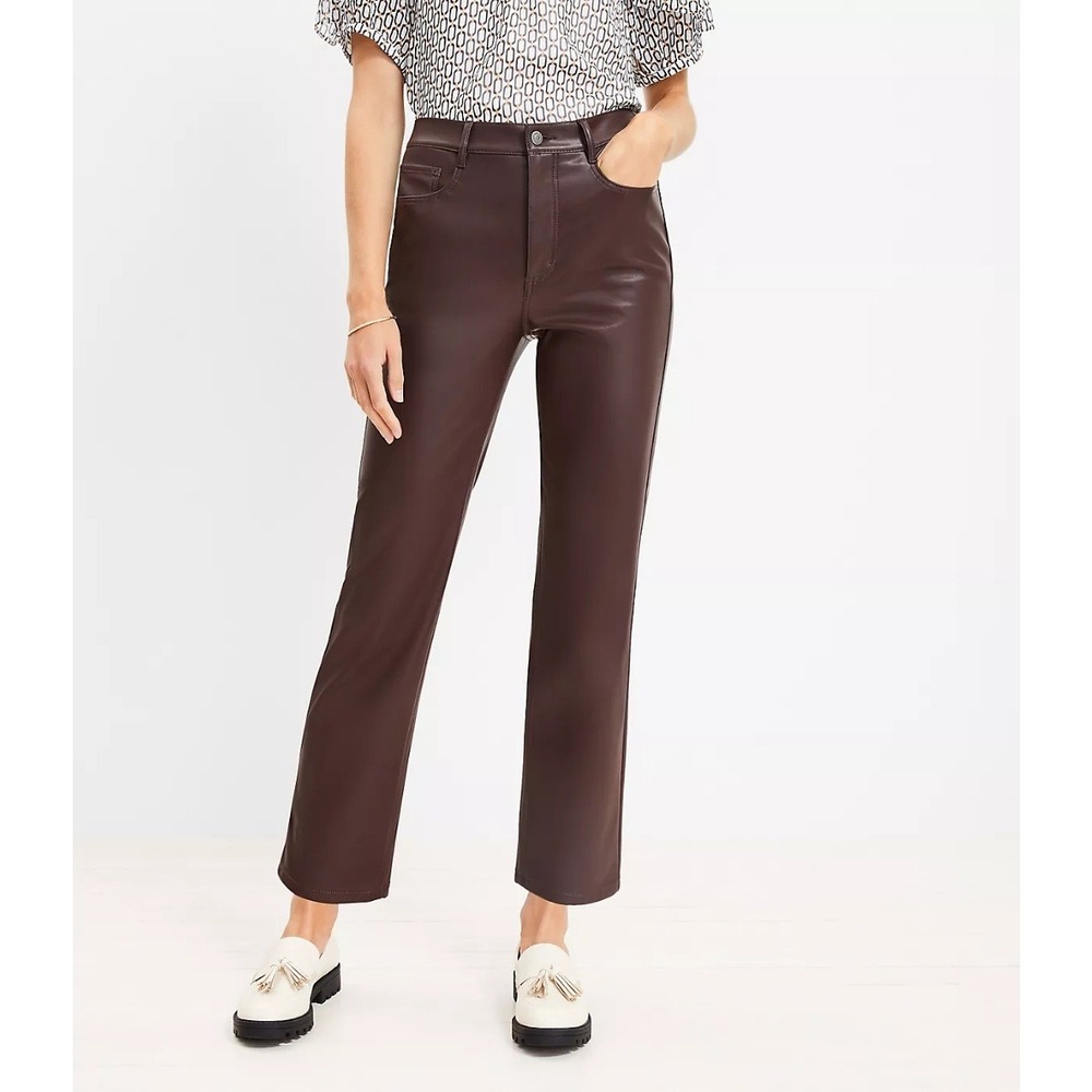 LOFT Womens Five Pocket Straight Pants in Faux Leather Size 4/27 Brown High Rise